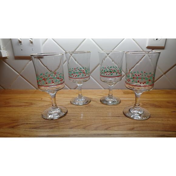Vintage Arby's Water Stemmed Goblets Set of 4 Holly Berries‎ Ivy Trim - Picture 1 of 10